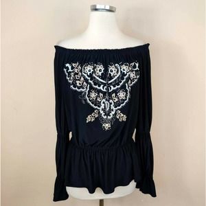 Boston Proper Beaded Embroidered Off Shoulder Top